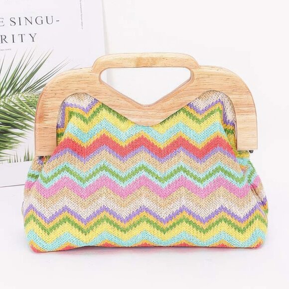 Faux Straw Wood Frame Clutch - Picture 1 of 6